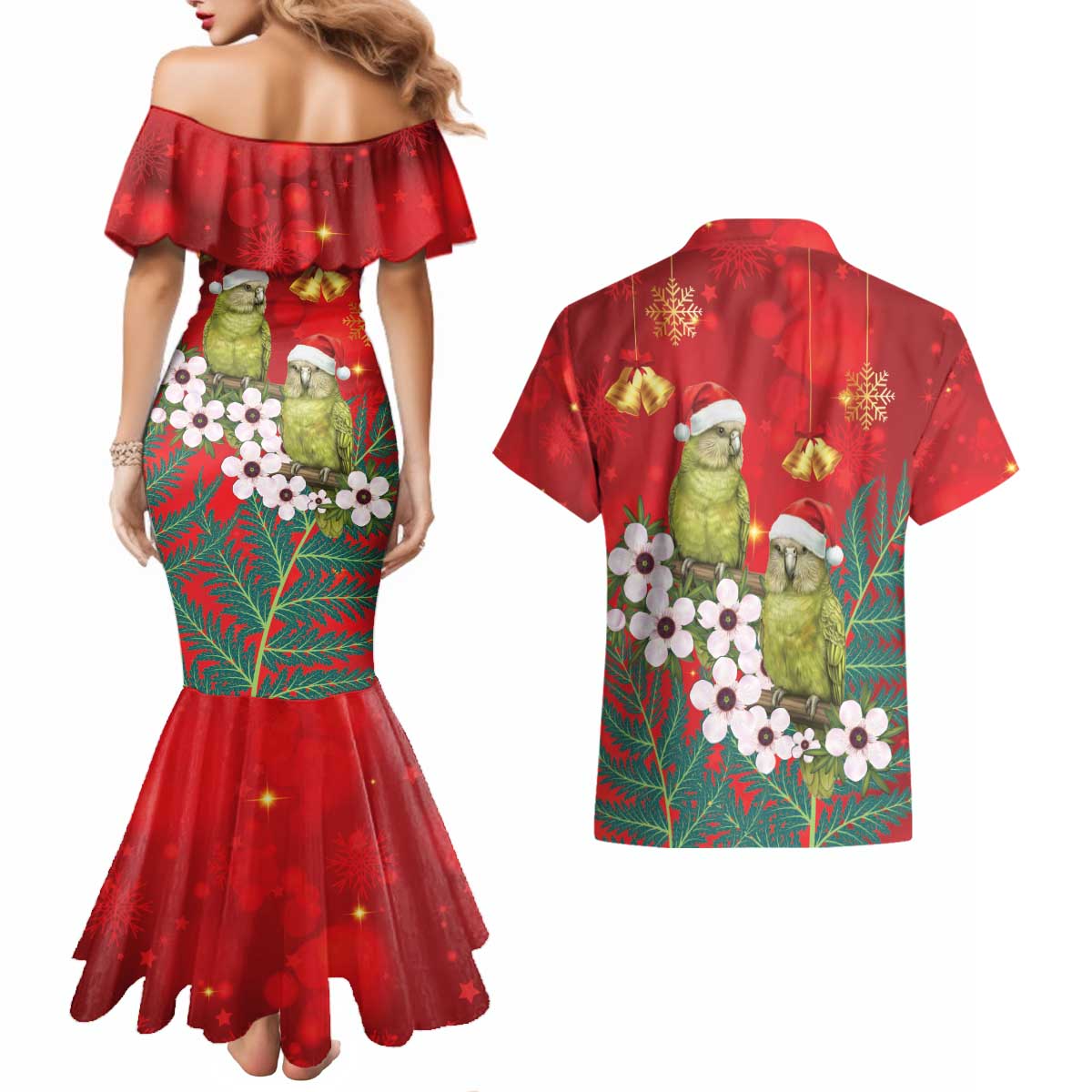 New Zealand Kakapo Christmas Couples Matching Mermaid Dress and Hawaiian Shirt Owl Parrot Santa Sliver Fern Manuka - Red - Polynesian Pride