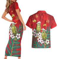 New Zealand Kakapo Christmas Couples Matching Short Sleeve Bodycon Dress and Hawaiian Shirt Owl Parrot Santa Sliver Fern Manuka - Red - Polynesian Pride