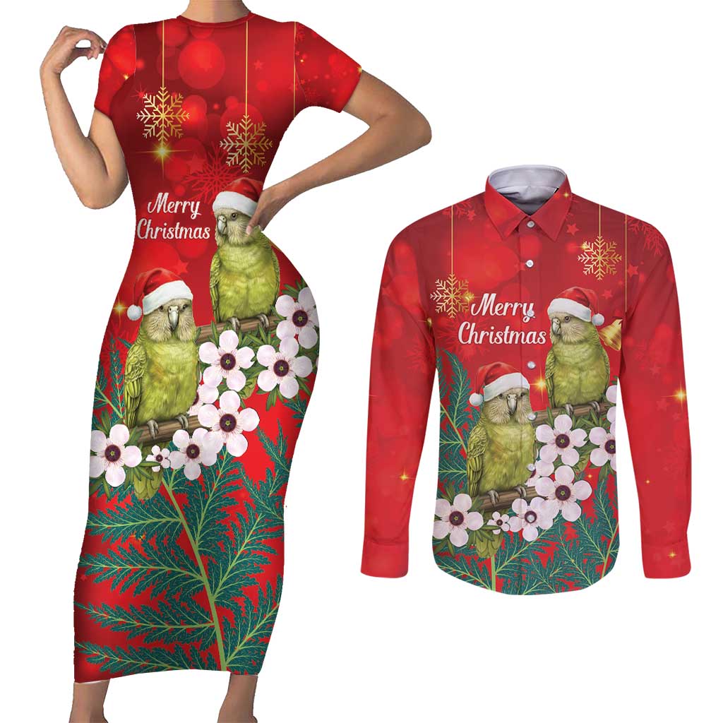 New Zealand Kakapo Christmas Couples Matching Short Sleeve Bodycon Dress and Long Sleeve Button Shirt Owl Parrot Santa Sliver Fern Manuka - Red - Polynesian Pride