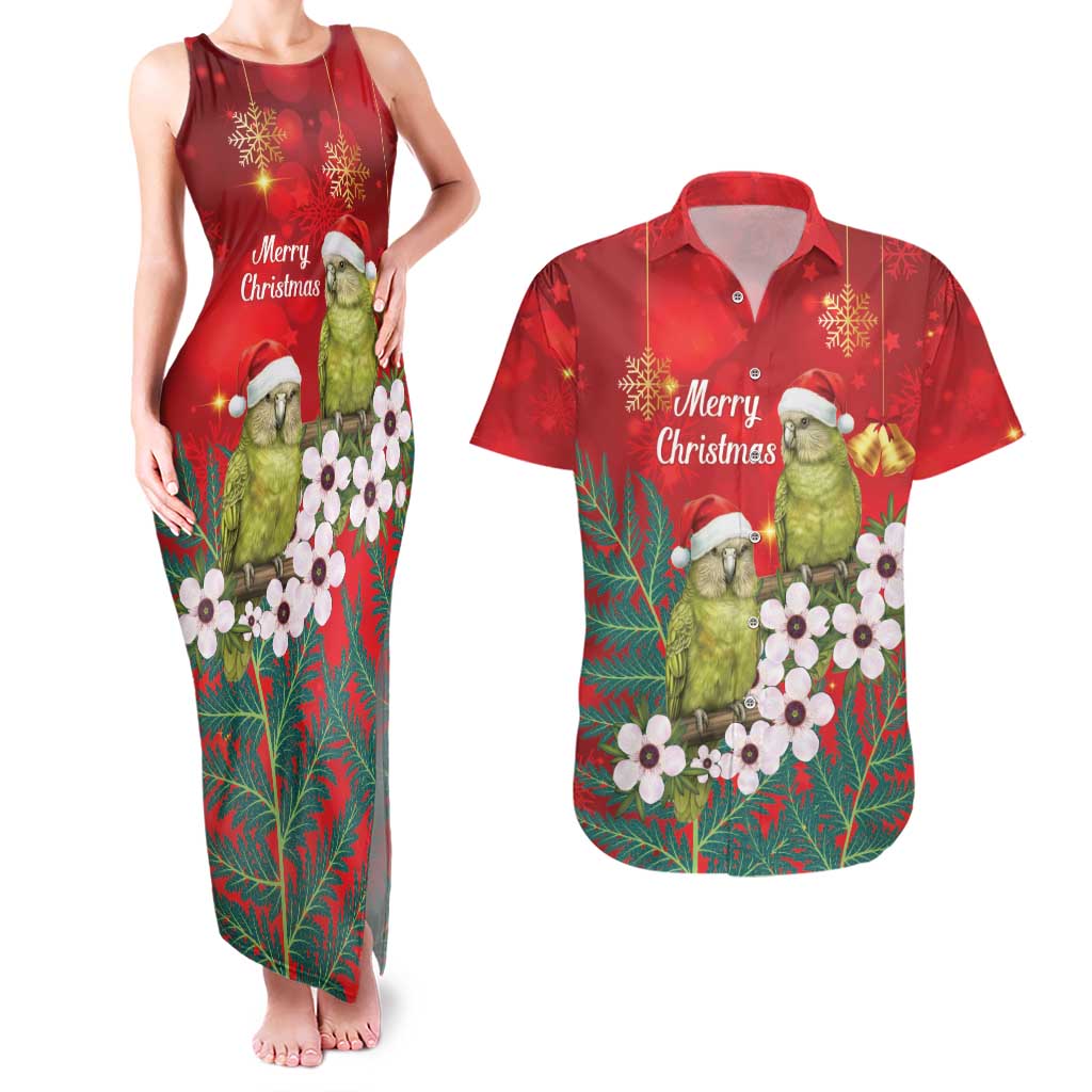 New Zealand Kakapo Christmas Couples Matching Tank Maxi Dress and Hawaiian Shirt Owl Parrot Santa Sliver Fern Manuka - Red - Polynesian Pride