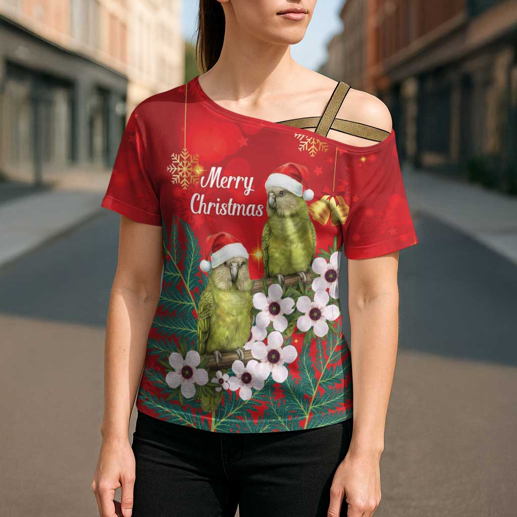 New Zealand Kakapo Christmas Cross Shoulder Shirt Owl Parrot Santa Sliver Fern Manuka - Red - Polynesian Pride