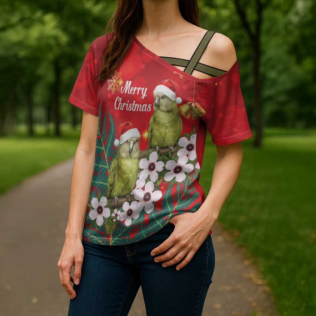 New Zealand Kakapo Christmas Cross Shoulder Shirt Owl Parrot Santa Sliver Fern Manuka - Red - Polynesian Pride