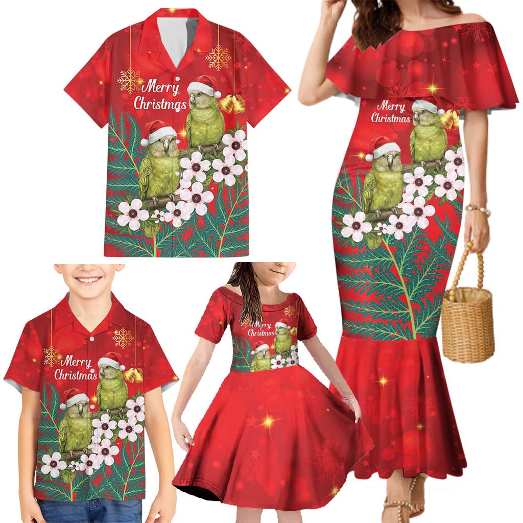 New Zealand Kakapo Christmas Family Matching Mermaid Dress and Hawaiian Shirt Owl Parrot Santa Sliver Fern Manuka - Red - Polynesian Pride