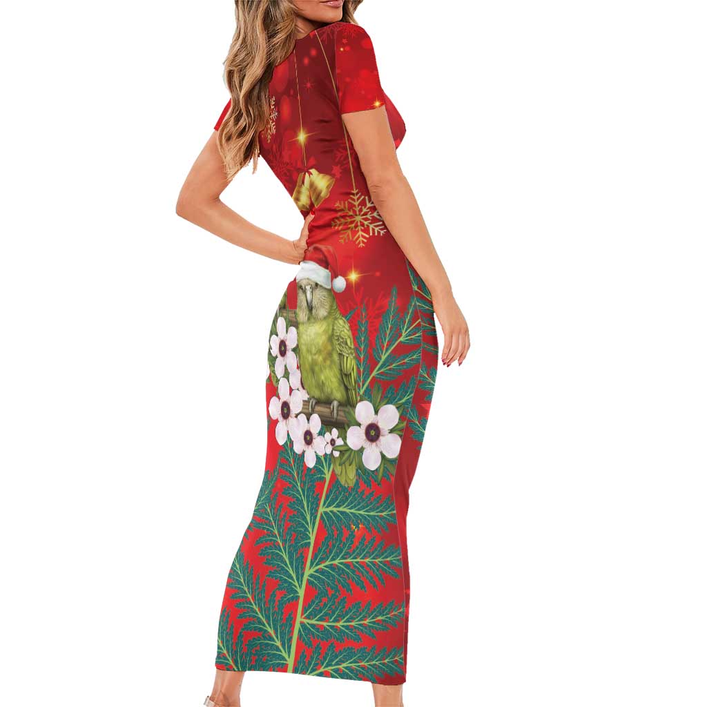 New Zealand Kakapo Christmas Family Matching Short Sleeve Bodycon Dress and Hawaiian Shirt Owl Parrot Santa Sliver Fern Manuka - Red - Polynesian Pride