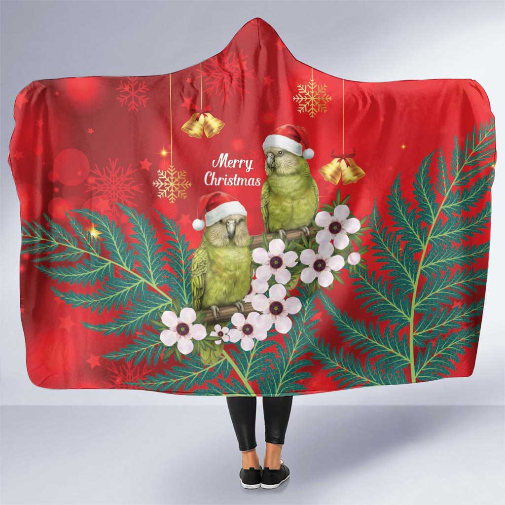 New Zealand Kakapo Christmas Hooded Blanket Owl Parrot Santa Sliver Fern Manuka - Red - Polynesian Pride