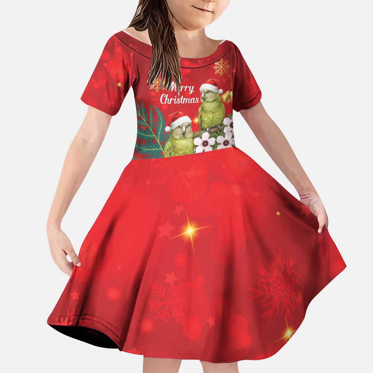 New Zealand Kakapo Christmas Kid Short Sleeve Dress Owl Parrot Santa Sliver Fern Manuka - Red - Polynesian Pride