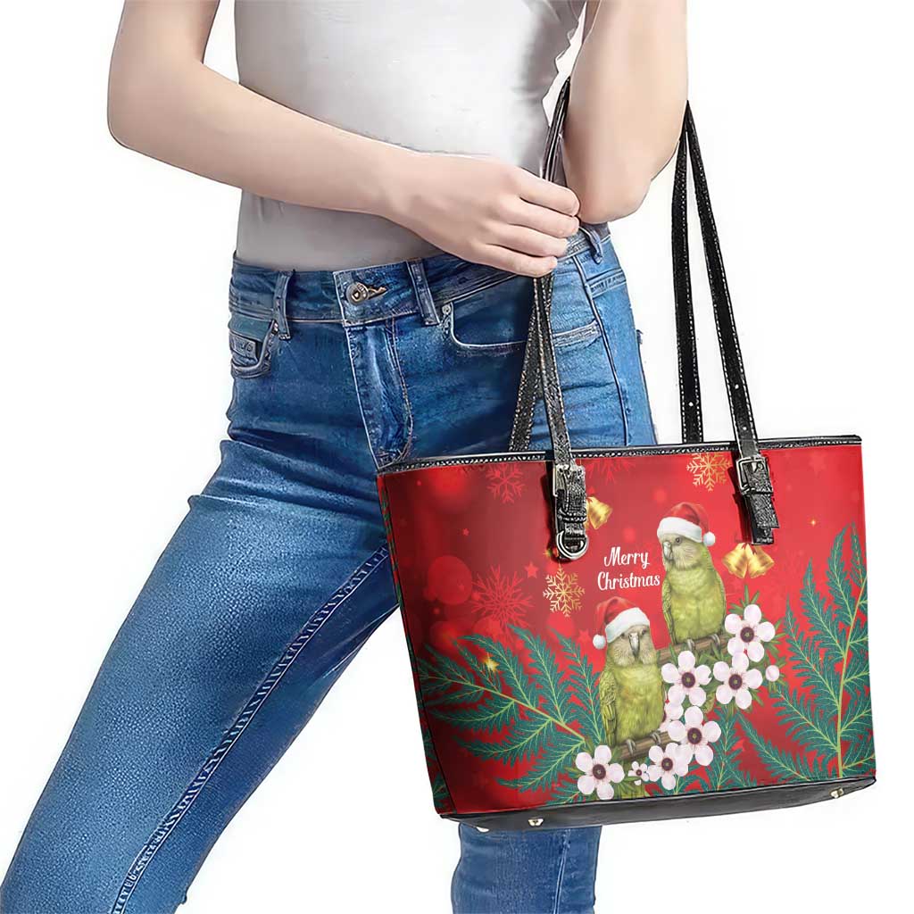 New Zealand Kakapo Christmas Leather Tote Bag Owl Parrot Santa Sliver Fern Manuka - Red - Polynesian Pride