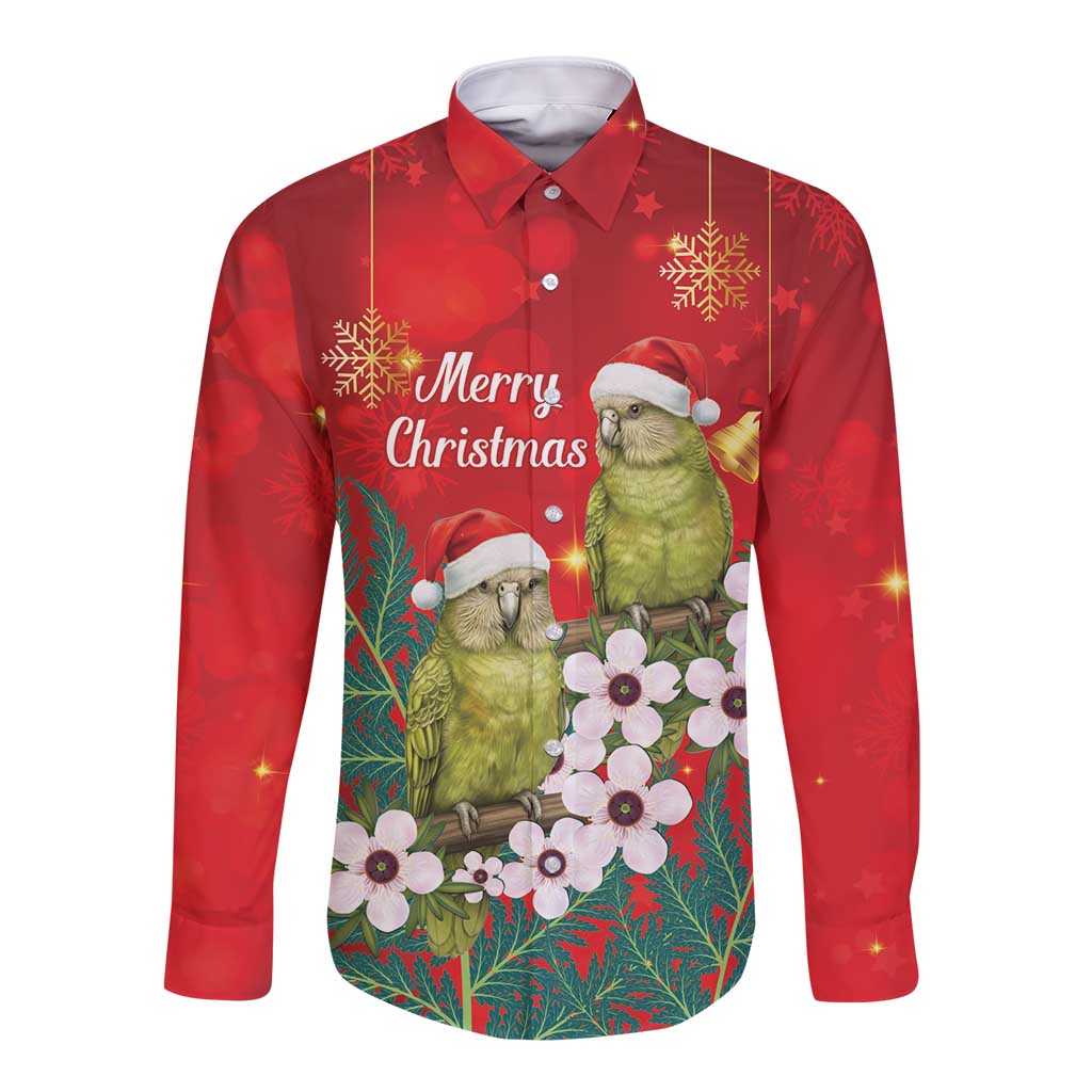 New Zealand Kakapo Christmas Long Sleeve Button Shirt Owl Parrot Santa Sliver Fern Manuka - Red - Polynesian Pride