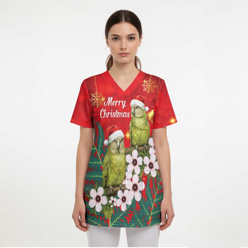 New Zealand Kakapo Christmas Scrub Top Owl Parrot Santa Sliver Fern Manuka - Red - Polynesian Pride