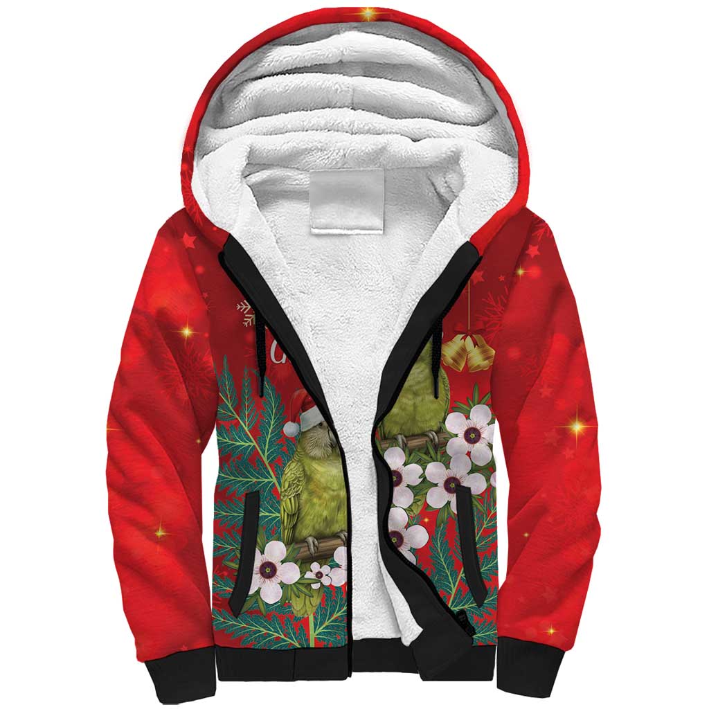 New Zealand Kakapo Christmas Sherpa Hoodie Owl Parrot Santa Sliver Fern Manuka - Red - Polynesian Pride