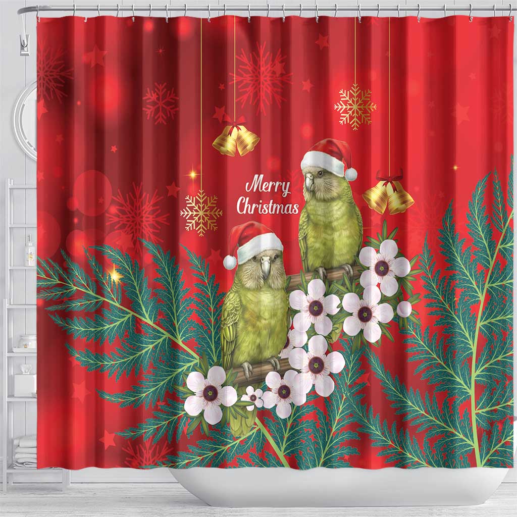 New Zealand Kakapo Christmas Shower Curtain Owl Parrot Santa Sliver Fern Manuka - Red - Polynesian Pride