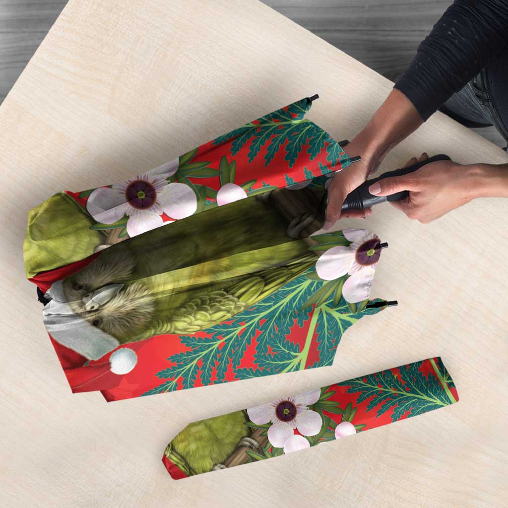 New Zealand Kakapo Christmas Umbrella Owl Parrot Santa Sliver Fern Manuka - Red - Polynesian Pride