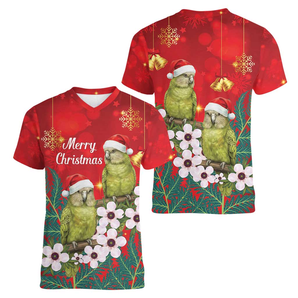 New Zealand Kakapo Christmas Women V-Neck T-Shirt Owl Parrot Santa Sliver Fern Manuka - Red - Polynesian Pride