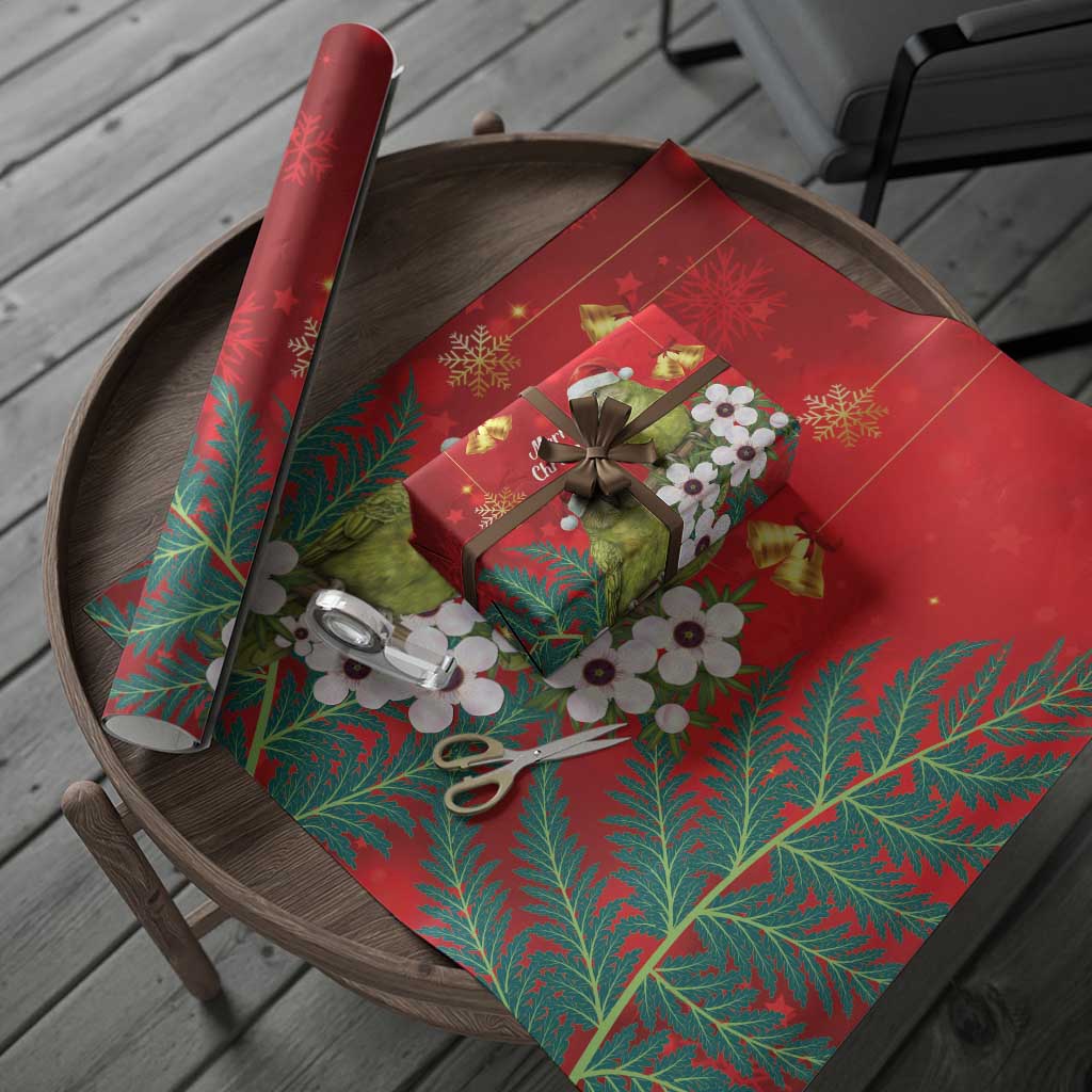 New Zealand Kakapo Christmas Wrapping Paper Owl Parrot Santa Sliver Fern Manuka - Red - Polynesian Pride