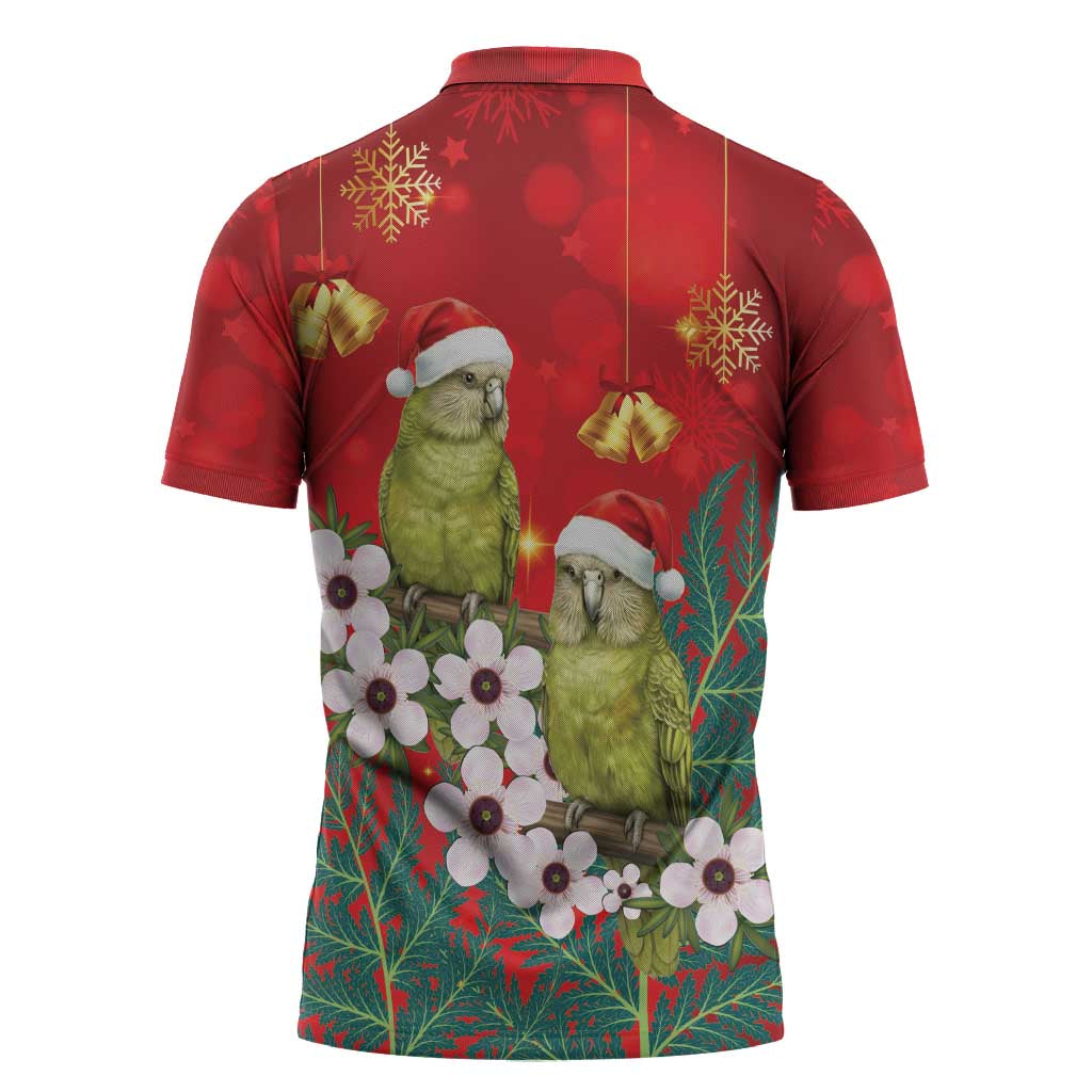 New Zealand Kakapo Christmas Zipper Polo Shirt Owl Parrot Santa Sliver Fern Manuka - Red - Polynesian Pride