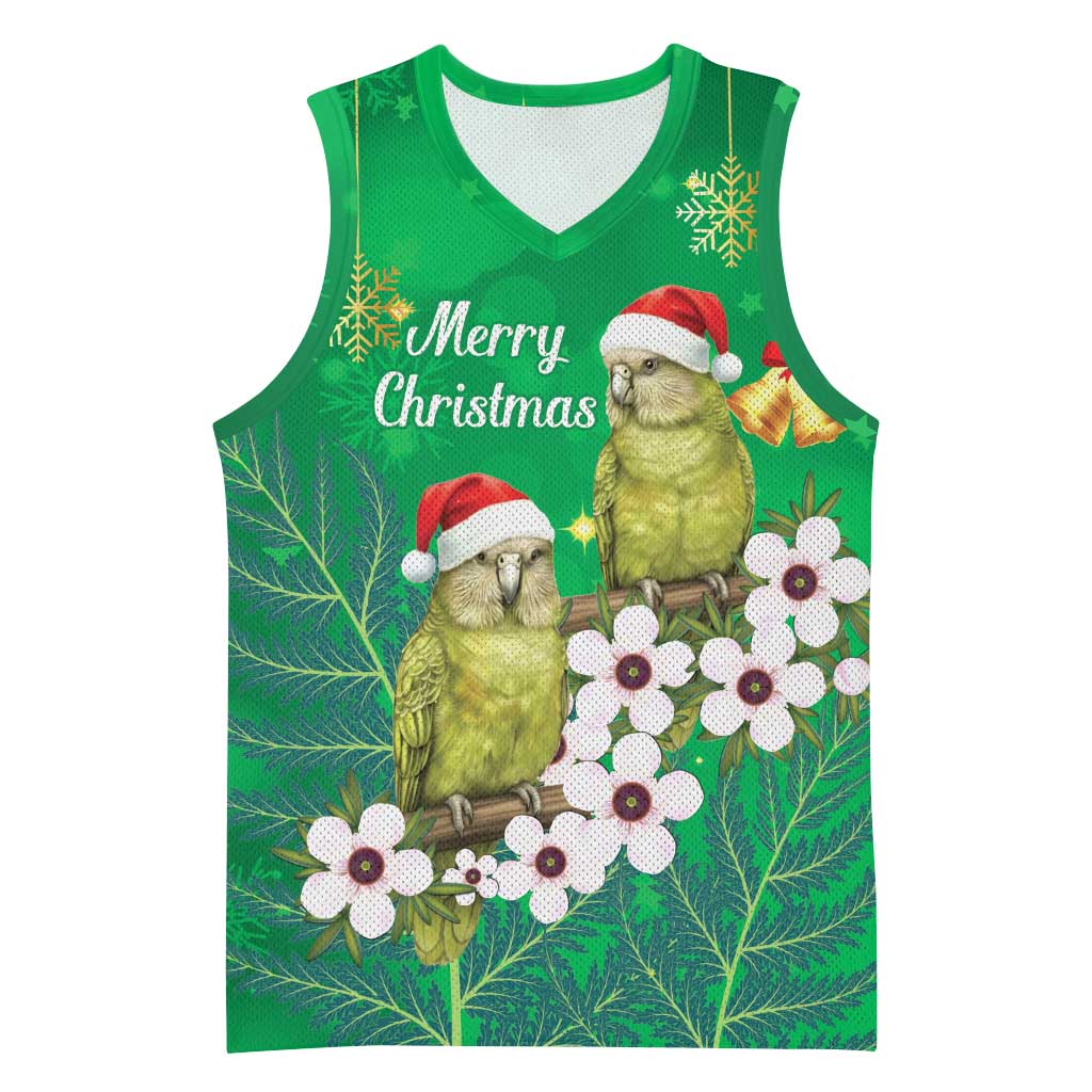 New Zealand Kakapo Christmas Basketball Jersey Owl Parrot Santa Sliver Fern Manuka - Green - Polynesian Pride