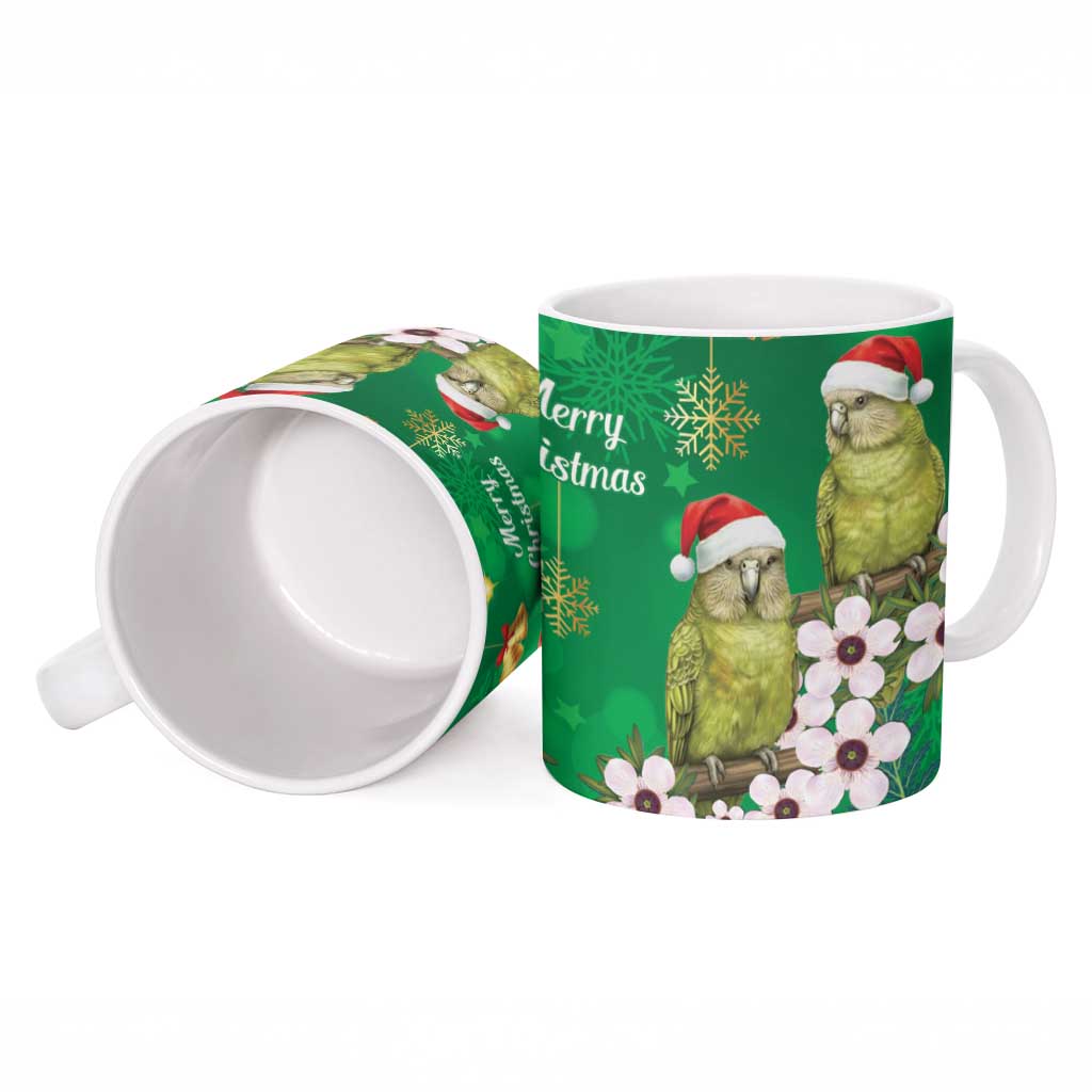 New Zealand Kakapo Christmas Ceramic Mug Owl Parrot Santa Sliver Fern Manuka - Green - Polynesian Pride
