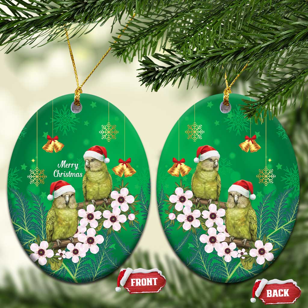 New Zealand Kakapo Christmas Ceramic Ornament Owl Parrot Santa Sliver Fern Manuka - Green - Polynesian Pride