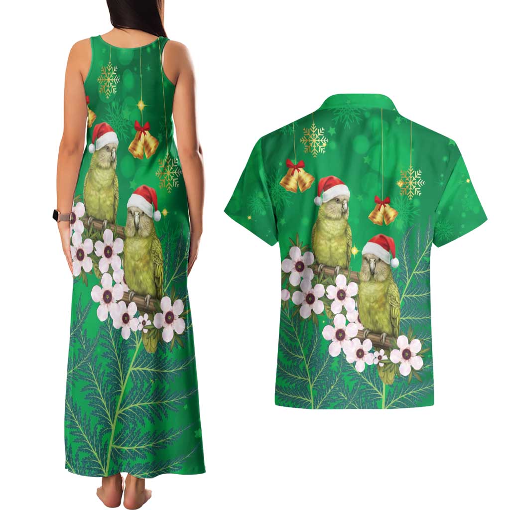 New Zealand Kakapo Christmas Couples Matching Tank Maxi Dress and Hawaiian Shirt Owl Parrot Santa Sliver Fern Manuka - Green - Polynesian Pride