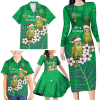 New Zealand Kakapo Christmas Family Matching Long Sleeve Bodycon Dress and Hawaiian Shirt Owl Parrot Santa Sliver Fern Manuka - Green - Polynesian Pride
