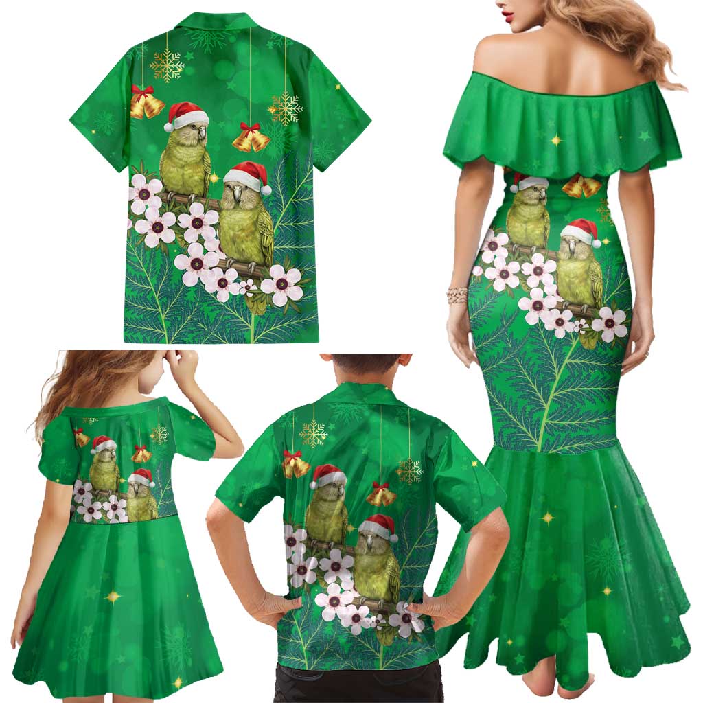 New Zealand Kakapo Christmas Family Matching Mermaid Dress and Hawaiian Shirt Owl Parrot Santa Sliver Fern Manuka - Green - Polynesian Pride