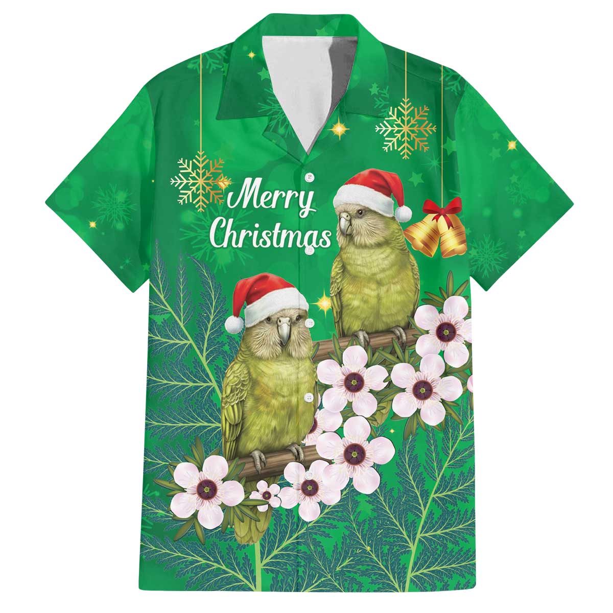 New Zealand Kakapo Christmas Family Matching Off The Shoulder Long Sleeve Dress and Hawaiian Shirt Owl Parrot Santa Sliver Fern Manuka - Green - Polynesian Pride