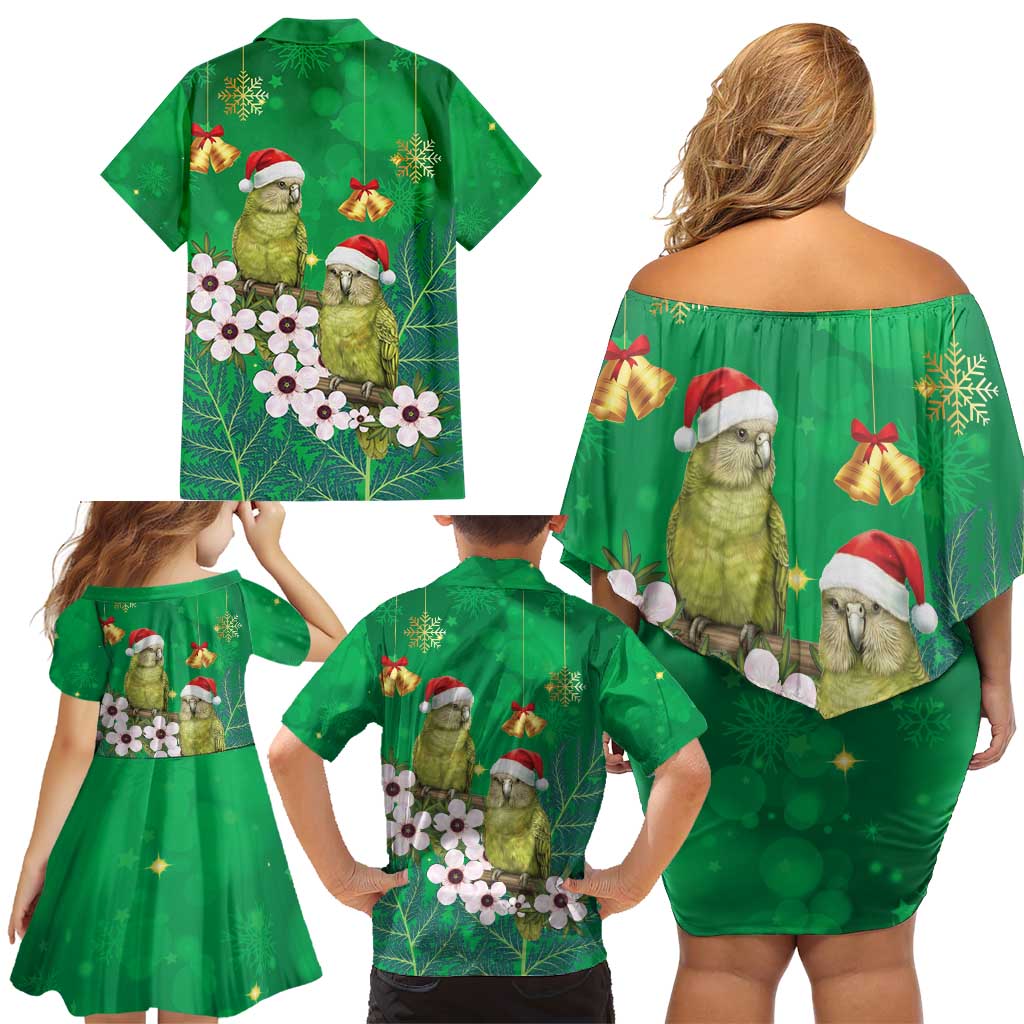 New Zealand Kakapo Christmas Family Matching Off Shoulder Short Dress and Hawaiian Shirt Owl Parrot Santa Sliver Fern Manuka - Green - Polynesian Pride