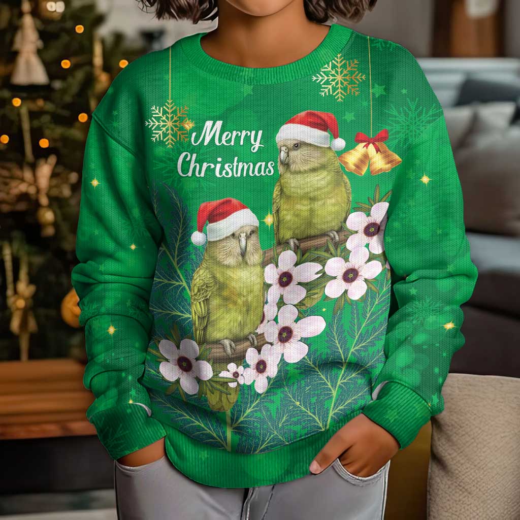 New Zealand Kakapo Christmas Kid Ugly Christmas Sweater Owl Parrot Santa Sliver Fern Manuka - Green - Polynesian Pride