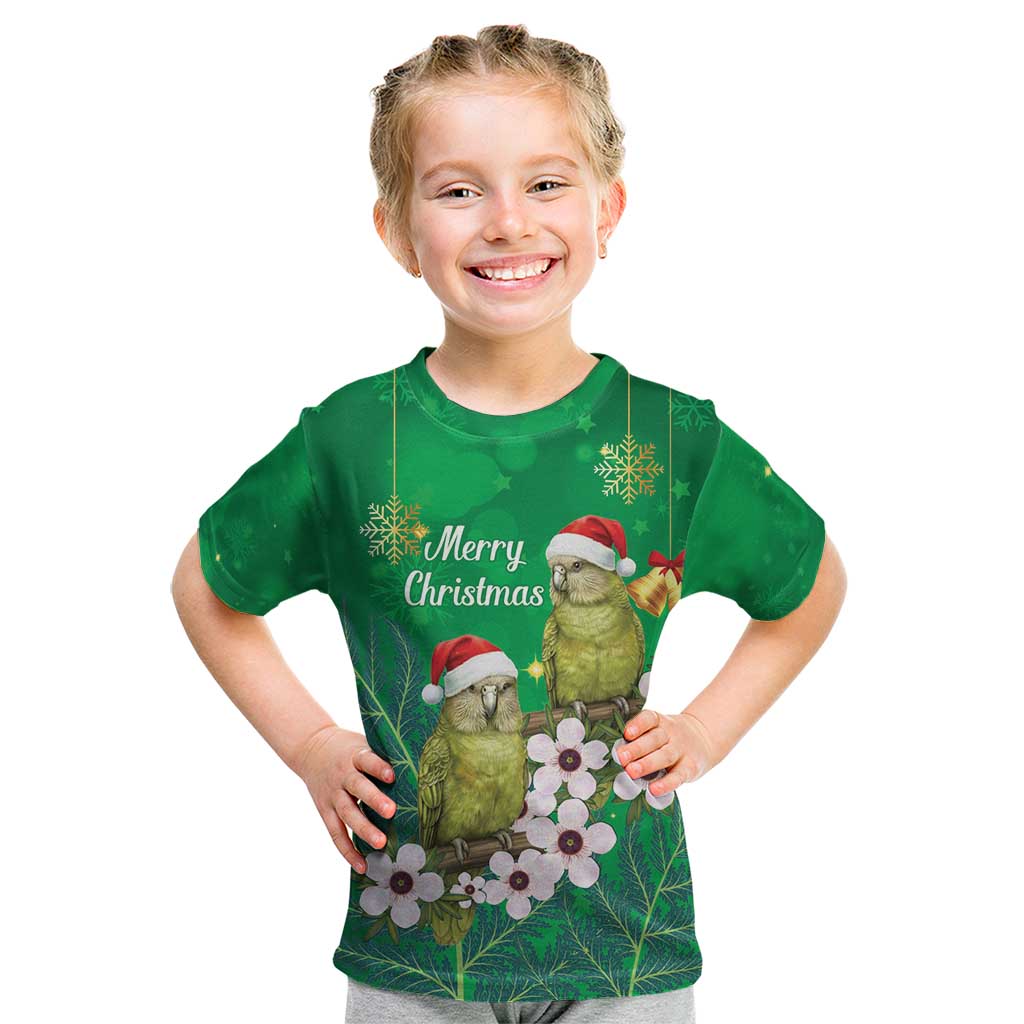 New Zealand Kakapo Christmas Kid T Shirt Owl Parrot Santa Sliver Fern Manuka - Green - Polynesian Pride