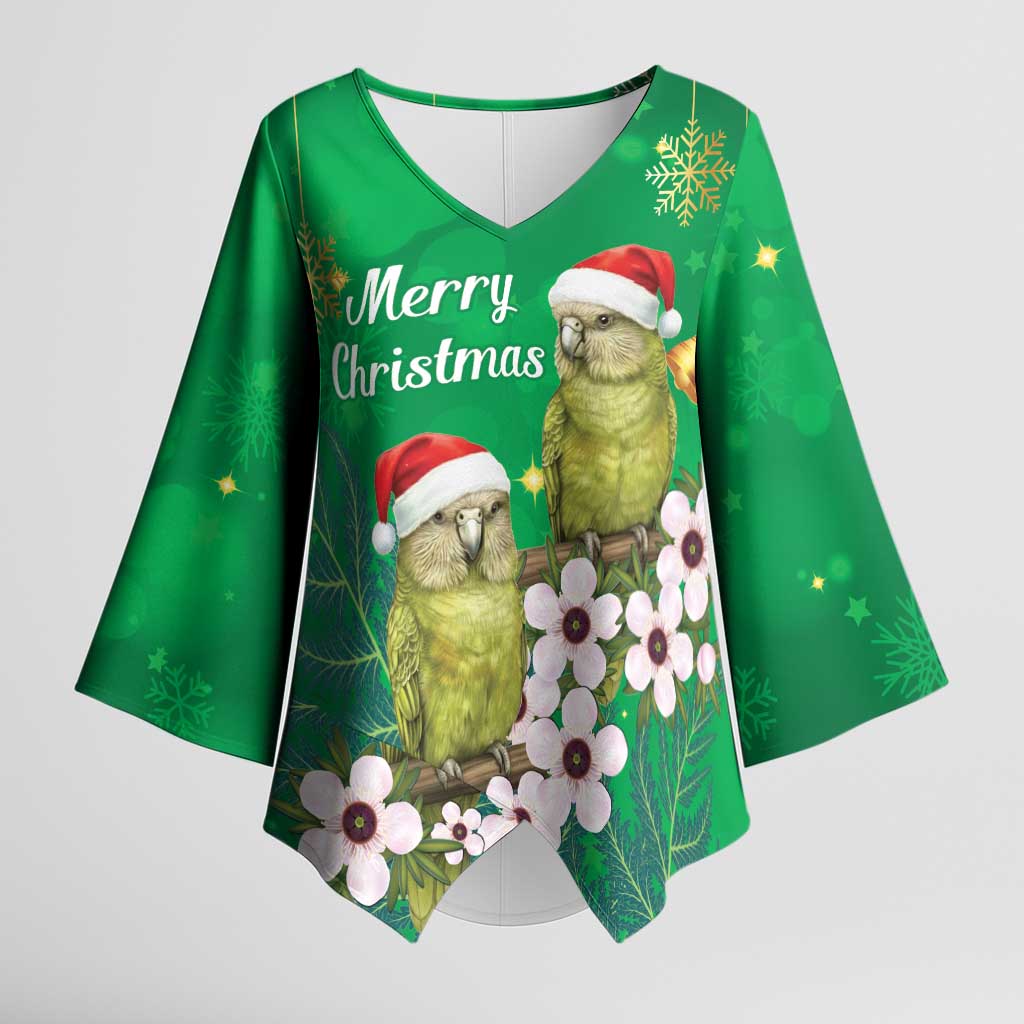 New Zealand Kakapo Christmas Kimono Sleeve Blouse Owl Parrot Santa Sliver Fern Manuka - Green - Polynesian Pride