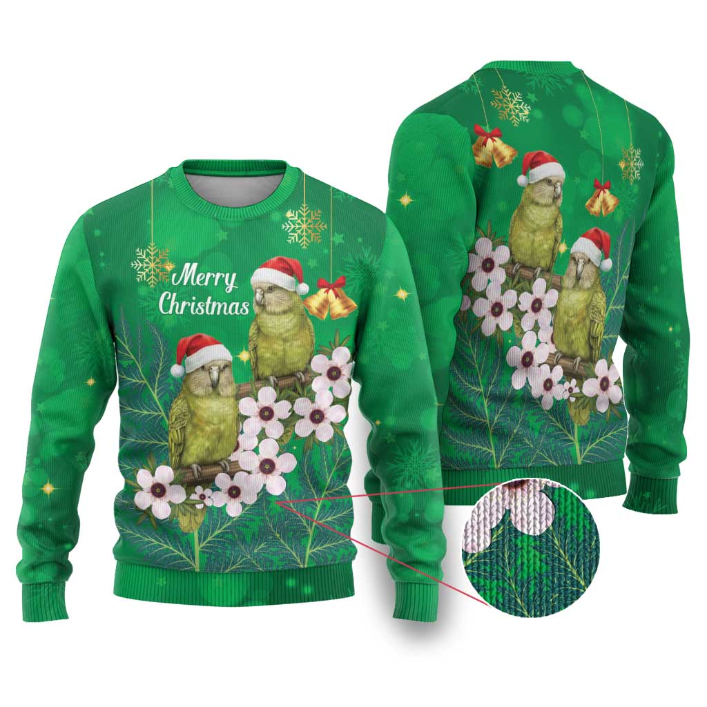 New Zealand Kakapo Christmas Ugly Christmas Sweater Owl Parrot Santa Sliver Fern Manuka - Green - Polynesian Pride