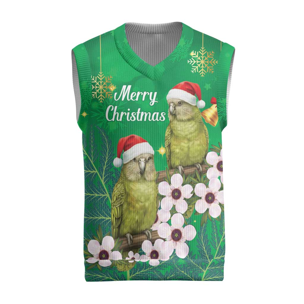 New Zealand Kakapo Christmas Knitted V-Neck Vest Owl Parrot Santa Sliver Fern Manuka - Green - Polynesian Pride