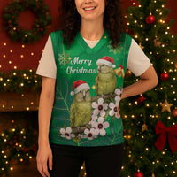 New Zealand Kakapo Christmas Knitted V-Neck Vest Owl Parrot Santa Sliver Fern Manuka - Green - Polynesian Pride