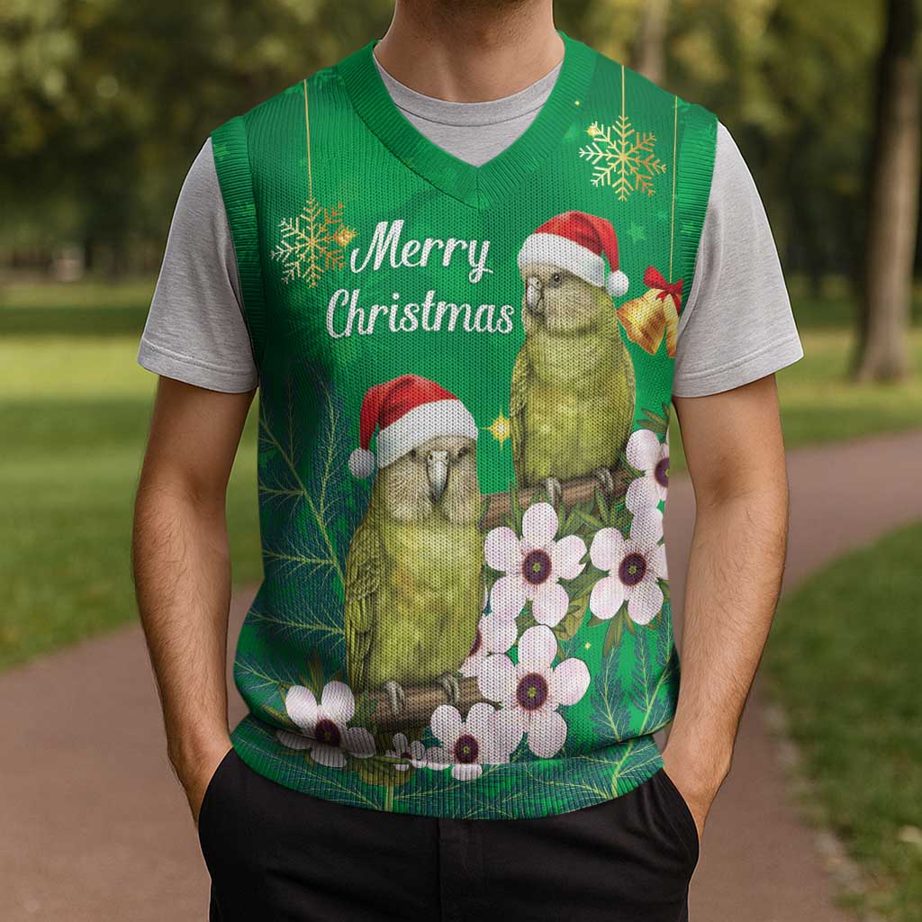 New Zealand Kakapo Christmas Knitted V-Neck Vest Owl Parrot Santa Sliver Fern Manuka - Green - Polynesian Pride