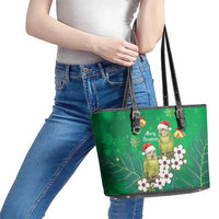 New Zealand Kakapo Christmas Leather Tote Bag Owl Parrot Santa Sliver Fern Manuka - Green - Polynesian Pride