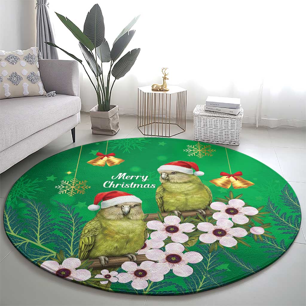 New Zealand Kakapo Christmas Round Carpet Owl Parrot Santa Sliver Fern Manuka - Green - Polynesian Pride