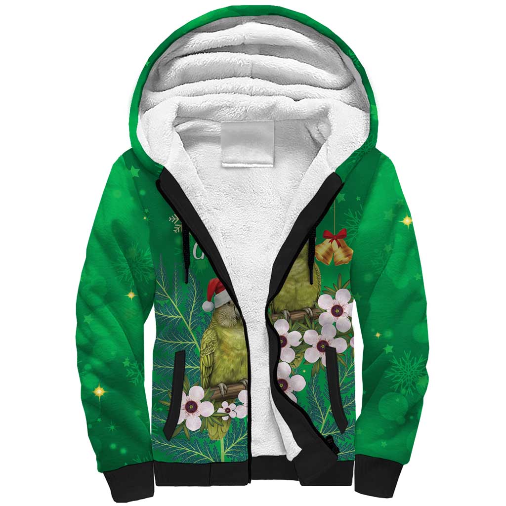 New Zealand Kakapo Christmas Sherpa Hoodie Owl Parrot Santa Sliver Fern Manuka - Green - Polynesian Pride