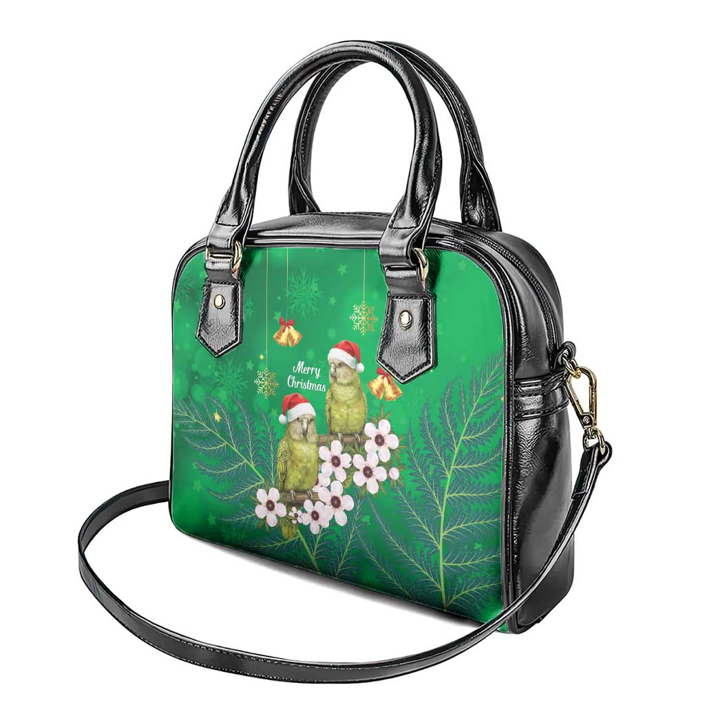 New Zealand Kakapo Christmas Shoulder Handbag Owl Parrot Santa Sliver Fern Manuka - Green - Polynesian Pride