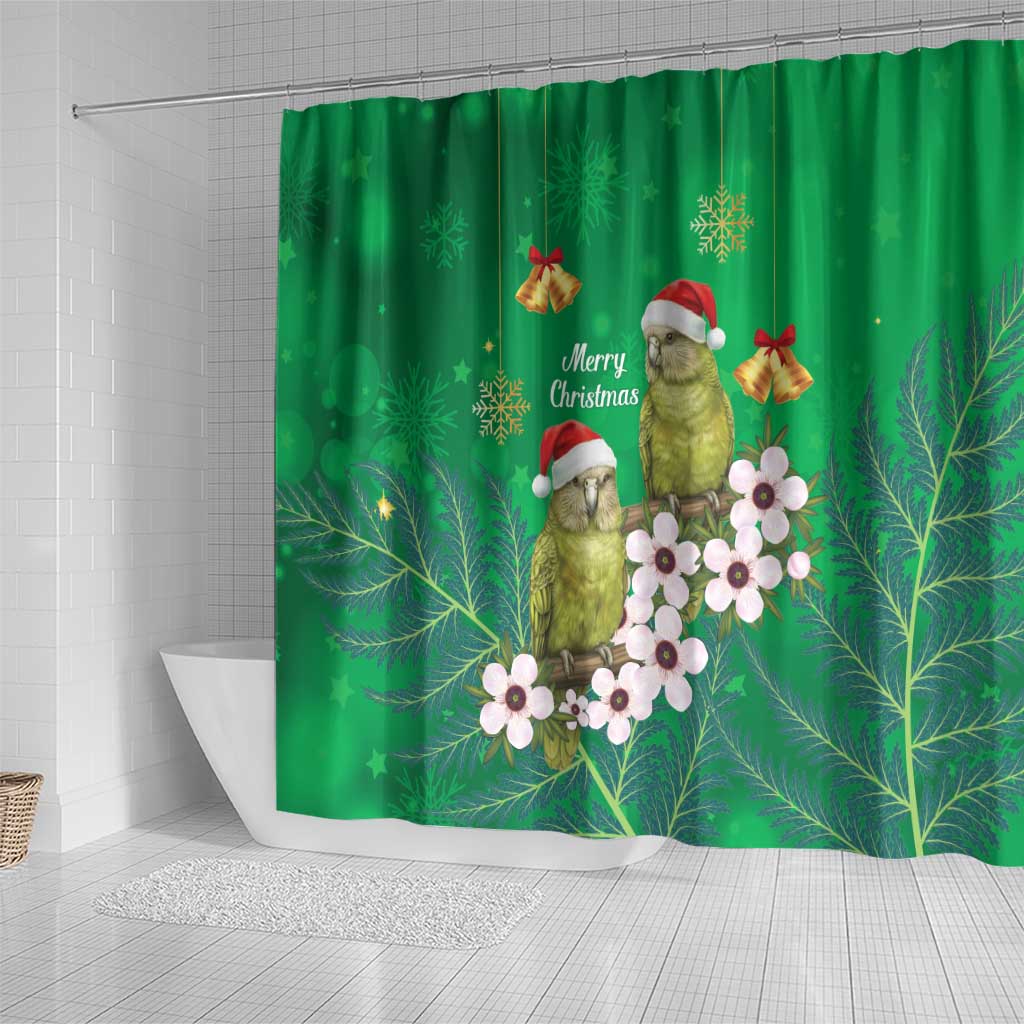 New Zealand Kakapo Christmas Shower Curtain Owl Parrot Santa Sliver Fern Manuka - Green - Polynesian Pride