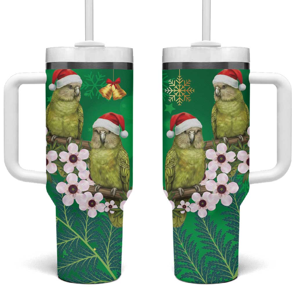 New Zealand Kakapo Christmas Tumbler With Handle Owl Parrot Santa Sliver Fern Manuka - Green - Polynesian Pride