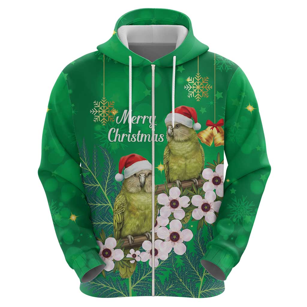 New Zealand Kakapo Christmas Zip Hoodie Owl Parrot Santa Sliver Fern Manuka - Green - Polynesian Pride