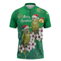 New Zealand Kakapo Christmas Zipper Polo Shirt Owl Parrot Santa Sliver Fern Manuka - Green LT14 Green - Polynesian Pride