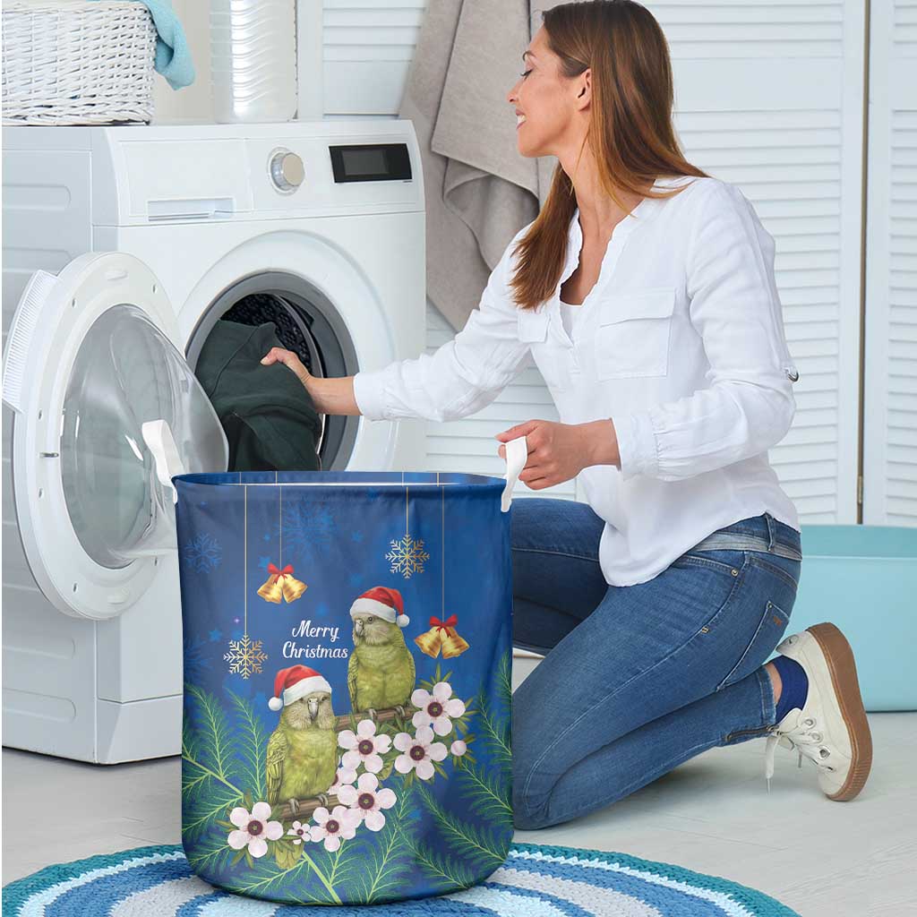 New Zealand Kakapo Christmas Laundry Basket Owl Parrot Santa Sliver Fern Manuka - Blue - Polynesian Pride