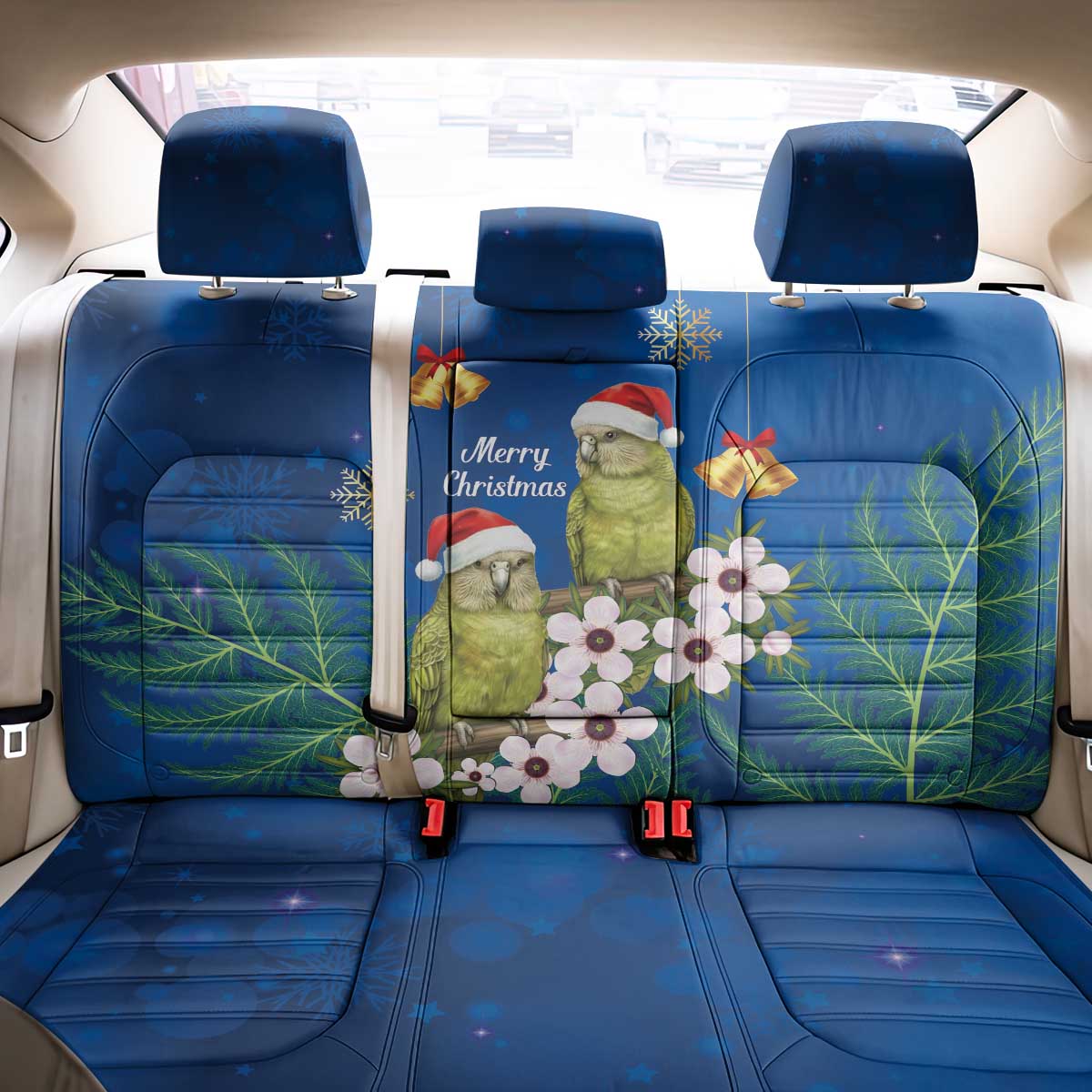 New Zealand Kakapo Christmas Back Car Seat Cover Owl Parrot Santa Sliver Fern Manuka - Blue - Polynesian Pride
