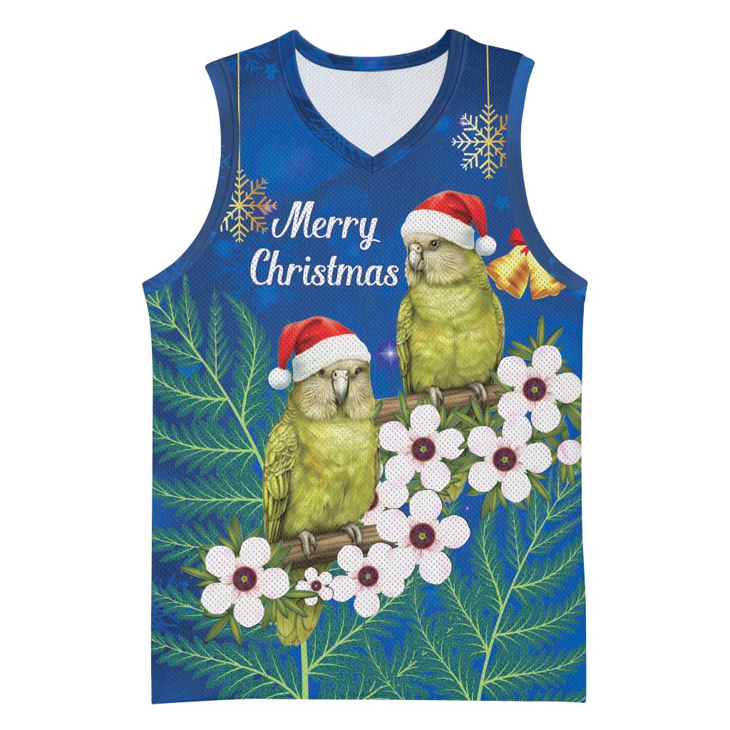 New Zealand Kakapo Christmas Basketball Jersey Owl Parrot Santa Sliver Fern Manuka - Blue - Polynesian Pride