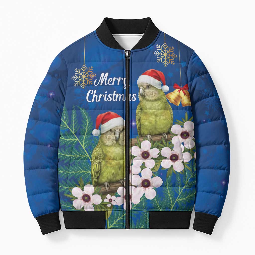 New Zealand Kakapo Christmas Bomber Puffer Jacket Owl Parrot Santa Sliver Fern Manuka - Blue - Polynesian Pride