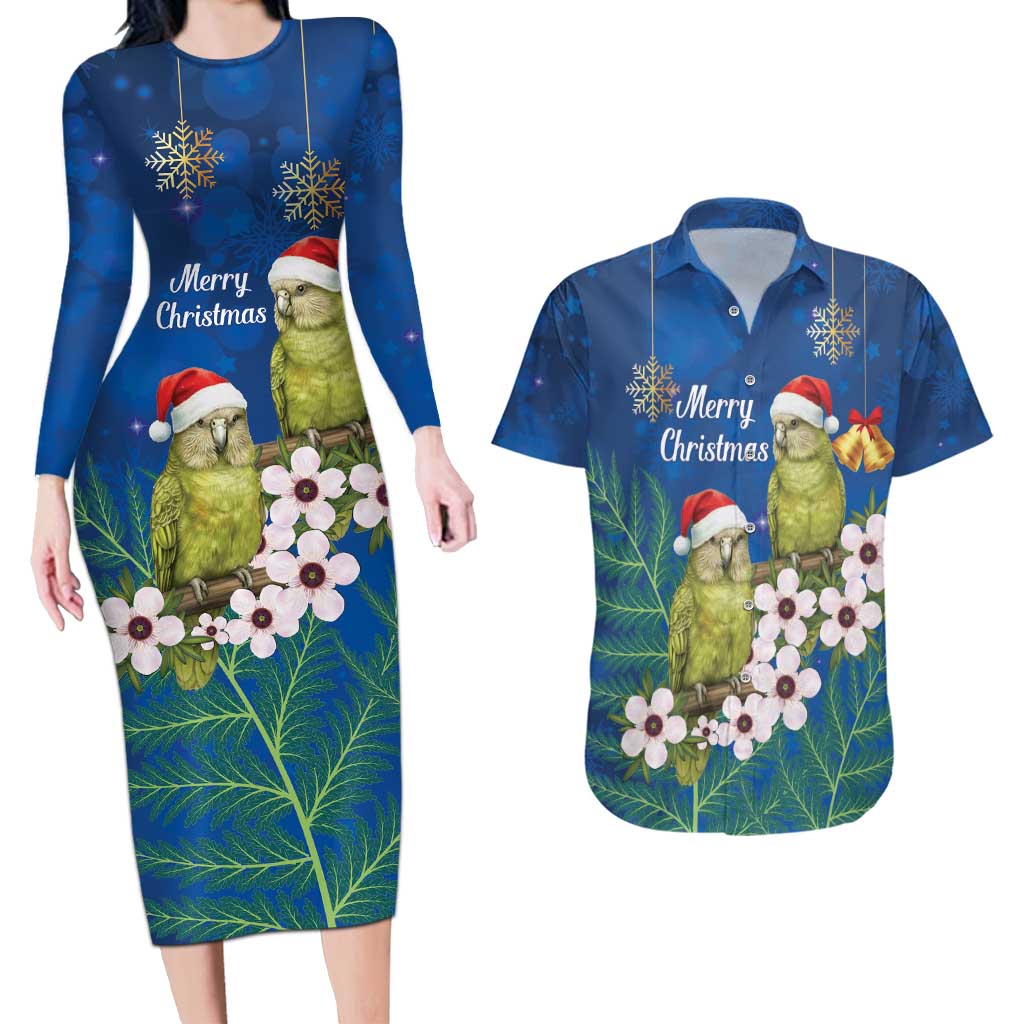 New Zealand Kakapo Christmas Couples Matching Long Sleeve Bodycon Dress and Hawaiian Shirt Owl Parrot Santa Sliver Fern Manuka - Blue - Polynesian Pride