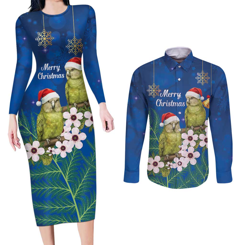 New Zealand Kakapo Christmas Couples Matching Long Sleeve Bodycon Dress and Long Sleeve Button Shirt Owl Parrot Santa Sliver Fern Manuka - Blue - Polynesian Pride