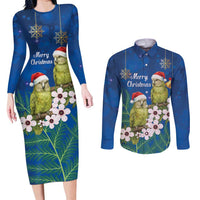 New Zealand Kakapo Christmas Couples Matching Long Sleeve Bodycon Dress and Long Sleeve Button Shirt Owl Parrot Santa Sliver Fern Manuka - Blue - Polynesian Pride