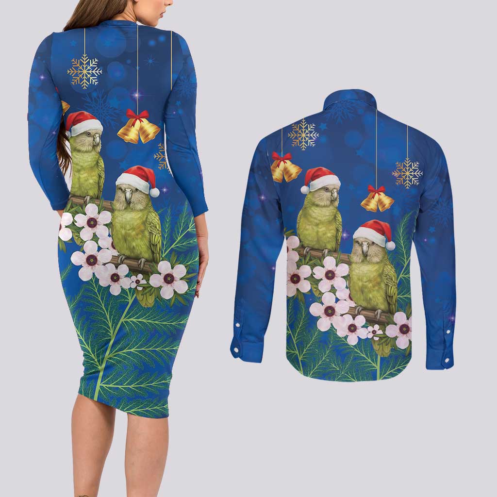 New Zealand Kakapo Christmas Couples Matching Long Sleeve Bodycon Dress and Long Sleeve Button Shirt Owl Parrot Santa Sliver Fern Manuka - Blue - Polynesian Pride